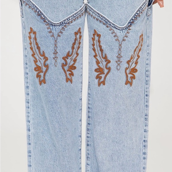 Fashion Nova High Rise Blue and Brown Jeans with Cascading Embellishments - Picture 2 of 6